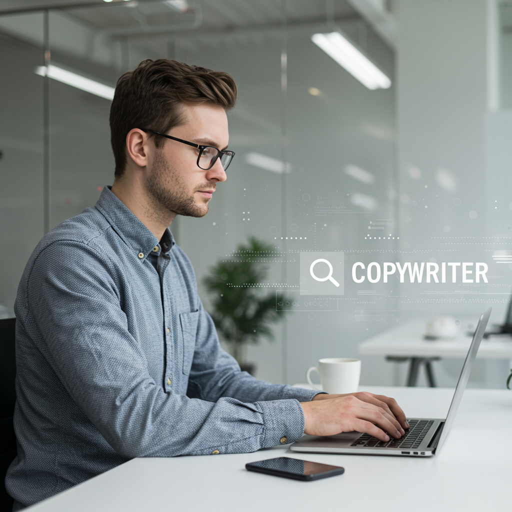 Kobieta copywriter pisząca tekst SEO na laptopie w nowoczesnym biurze.