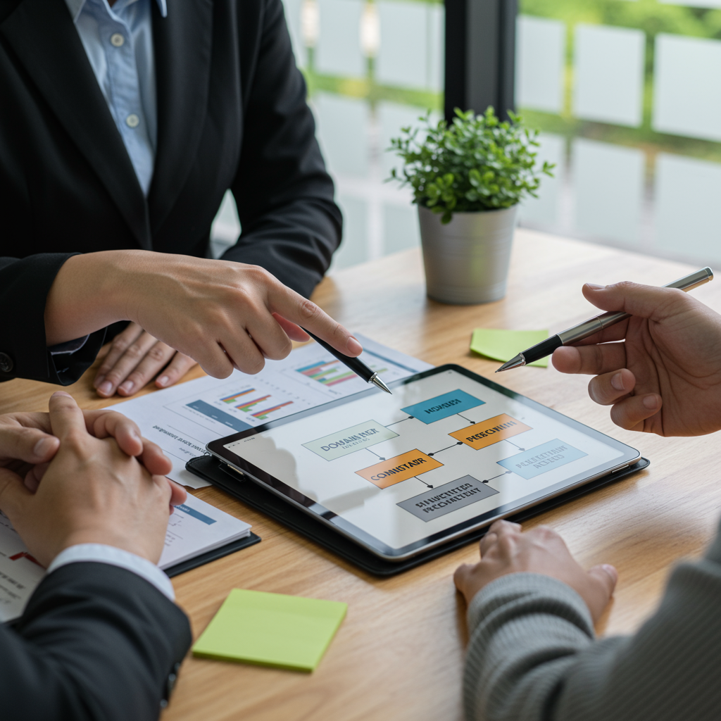 Konsultant agencji interaktywnej wyjaśniający klientowi proces transferu domeny.