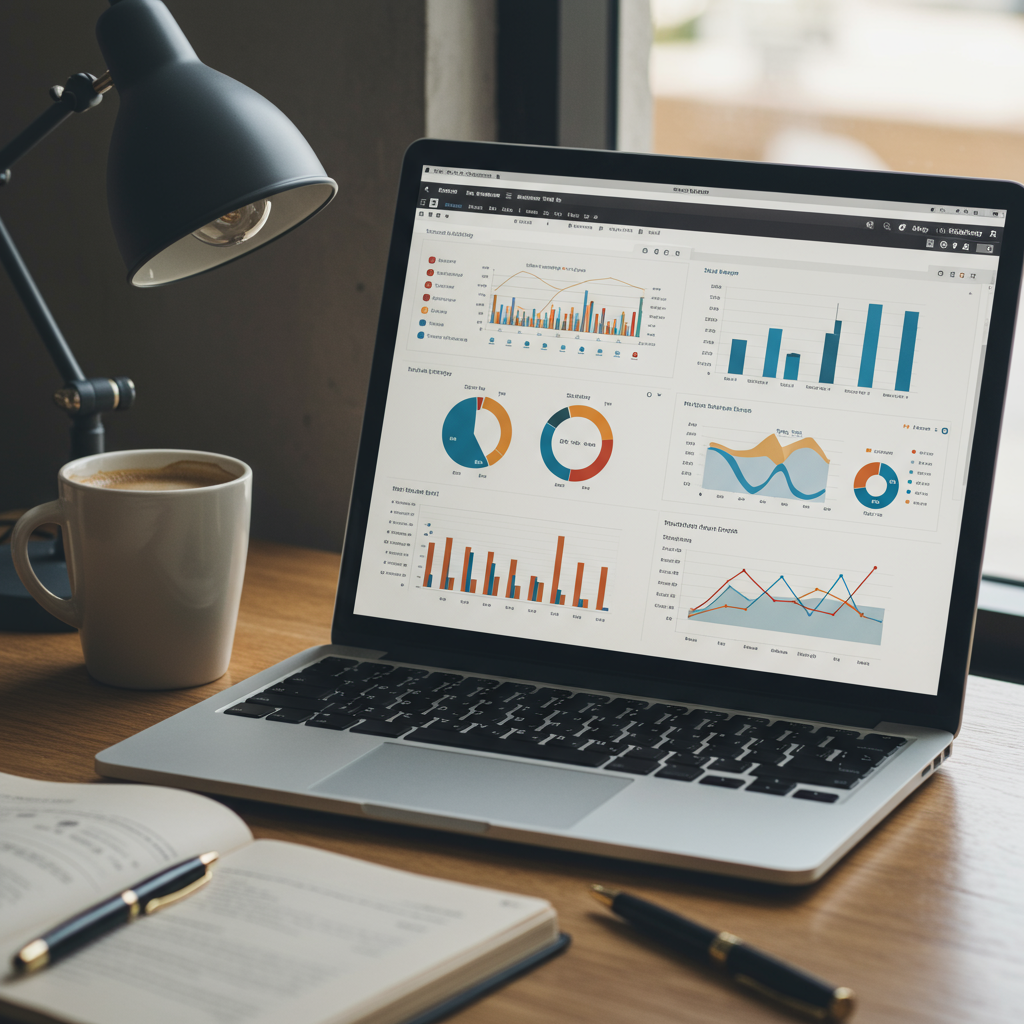 Laptop z otwartym panelem reklamowym platformy społecznościowej, wyświetlającym statystyki kampanii