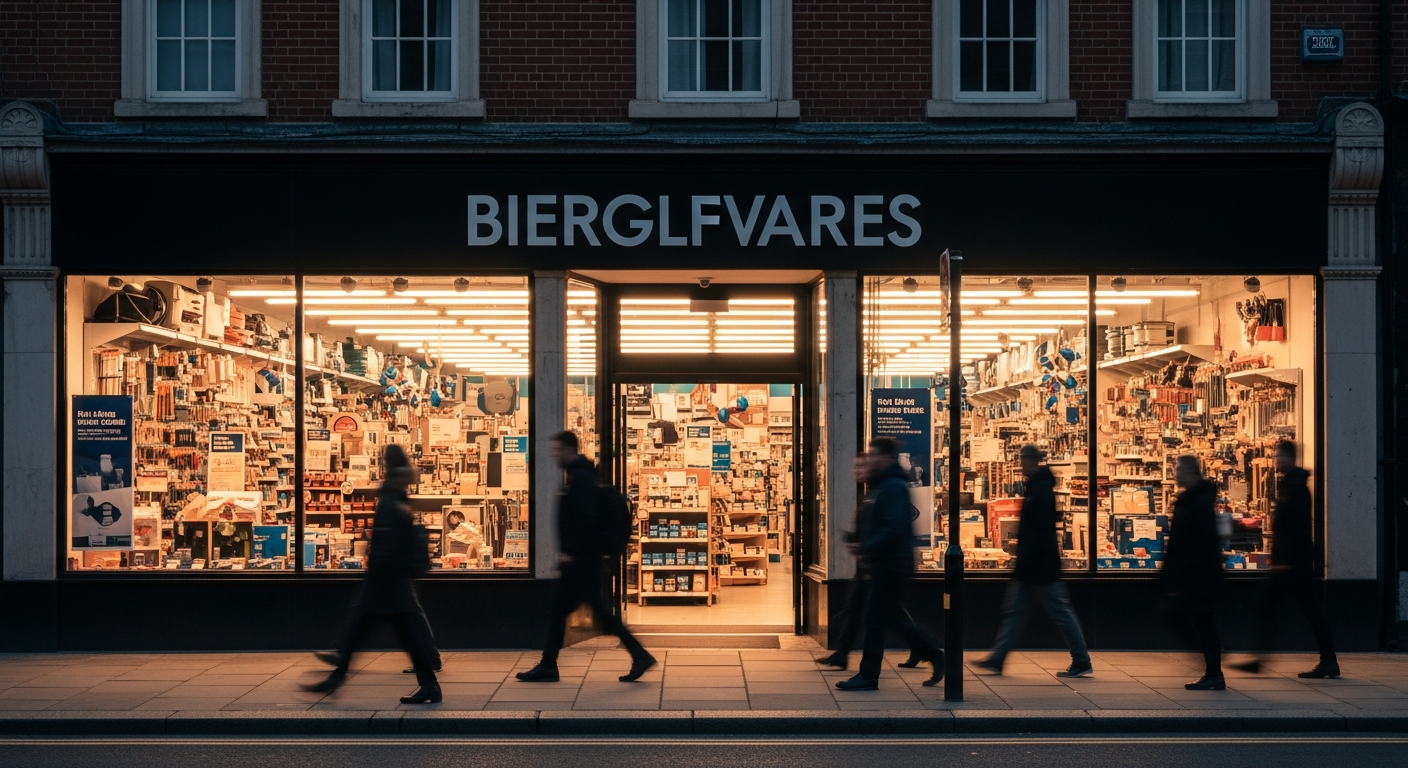 Witryna lokalnego sklepu budowlanego o zmierzchu symbolizująca lokalny marketing