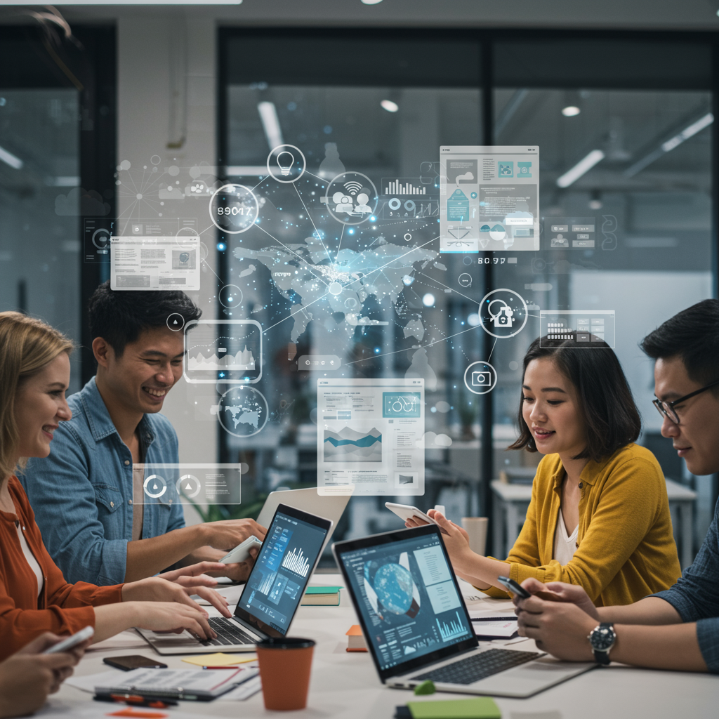 Ludzie pracujący na różnych urządzeniach z wyświetlonymi stronami internetowymi, symbolizujące cyfrową łączność.