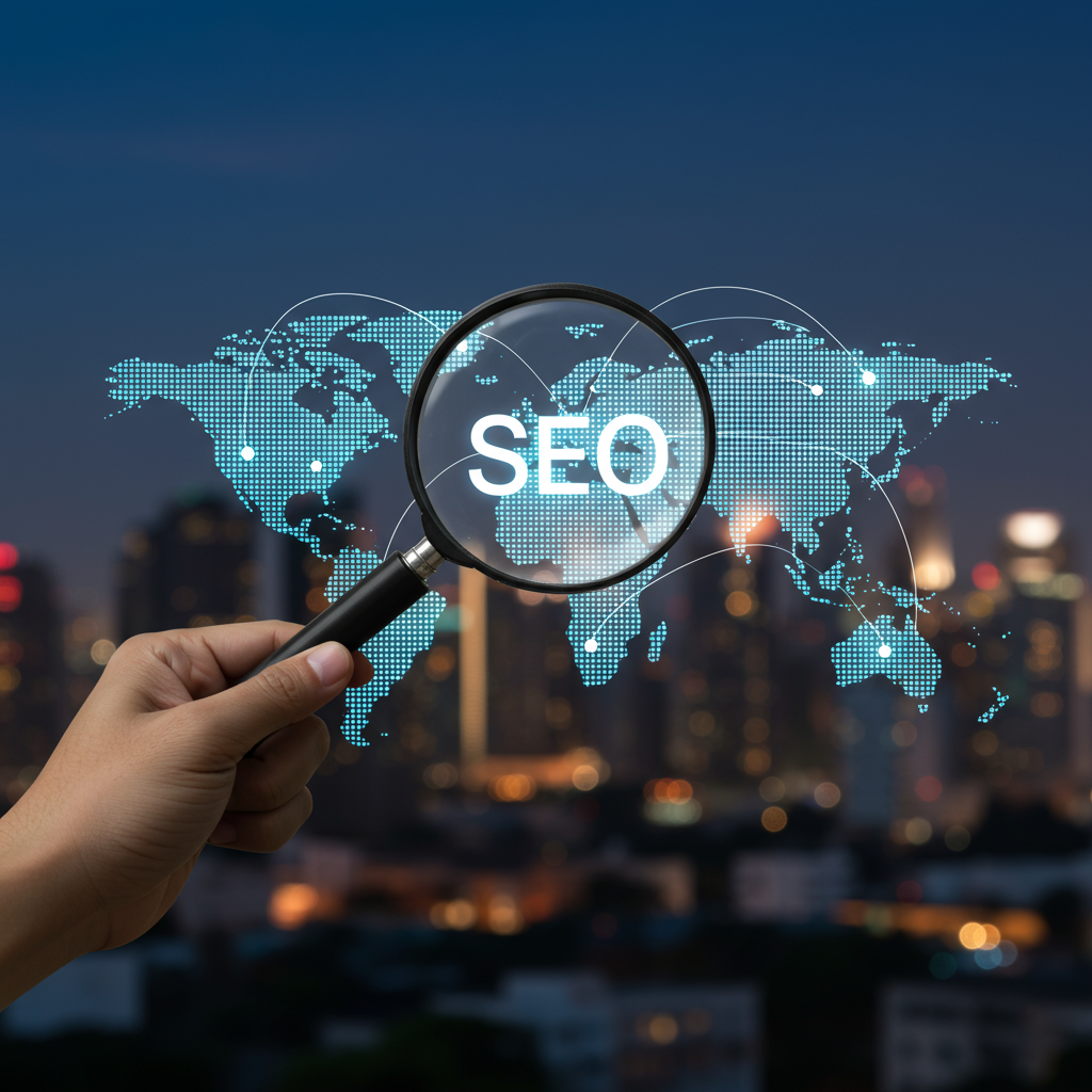 Lupa nad cyfrową mapą świata, symbolizująca analizę SEO i globalny zasięg
