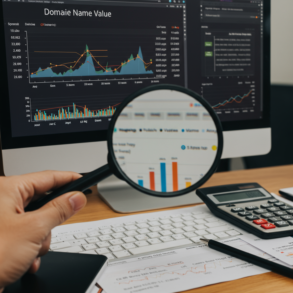 Lupa nad ekranem komputera z danymi dotyczącymi wartości domeny