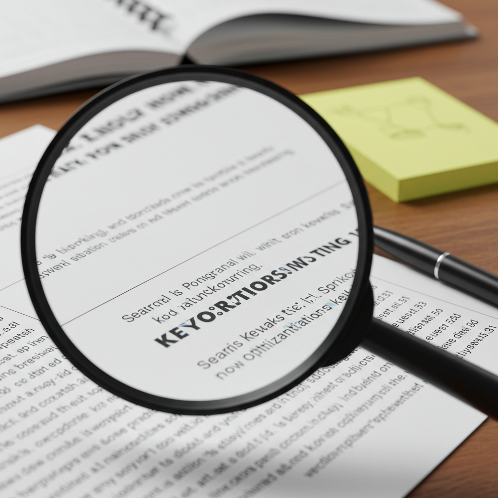 Lupa powiększająca słowa kluczowe w tekście, symbolizująca optymalizację SEO