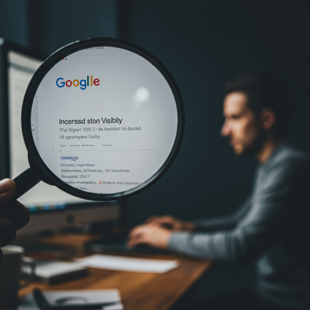 Lupa powiększająca wyniki wyszukiwania Google, symbolizująca widoczność online