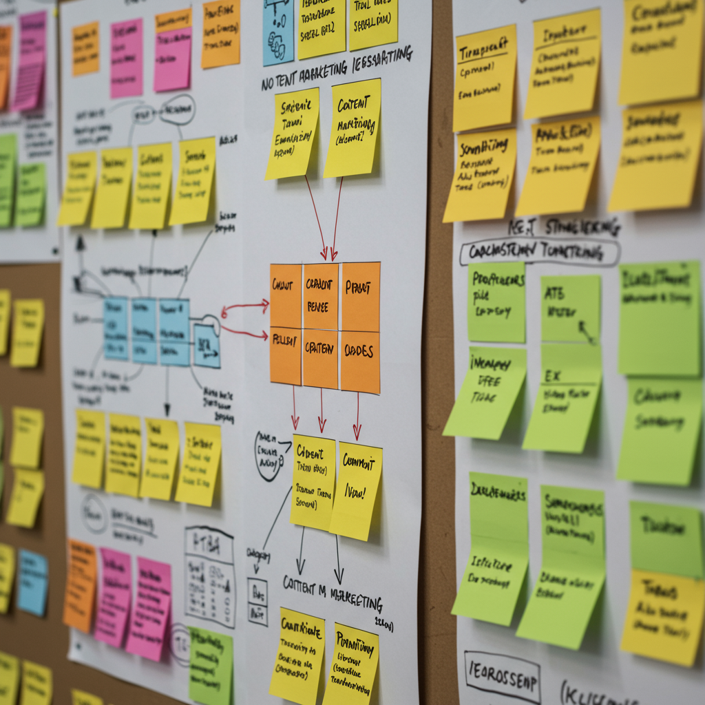 Mapa myśli przedstawiająca strategię content marketingową.
