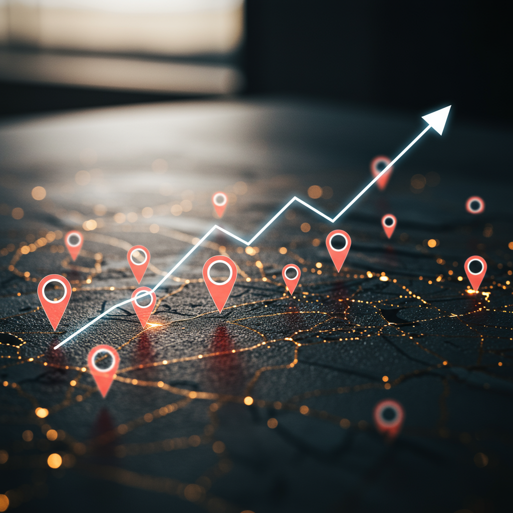 Mapa z wieloma świecącymi pinezkami symbolizującymi zoptymalizowane lokalizacje biznesowe i wykres wzrostu
