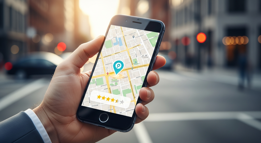 Smartfon z włączoną mapą Google i widoczną wizytówką firmy pozycjonowaną na lokalny marketing