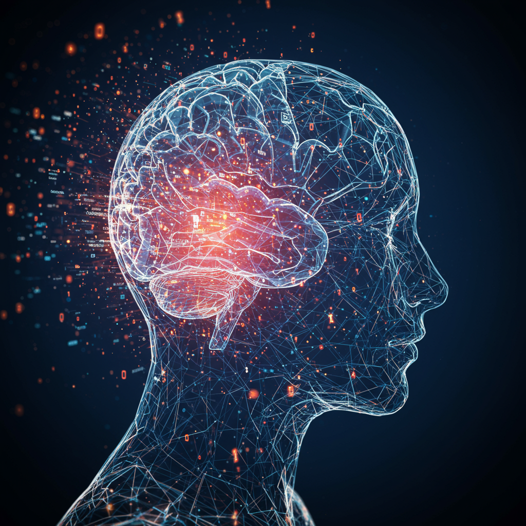 Mózg ludzki połączony z siecią danych cyfrowych, symbolizujący psychologię i algorytmy w SEO
