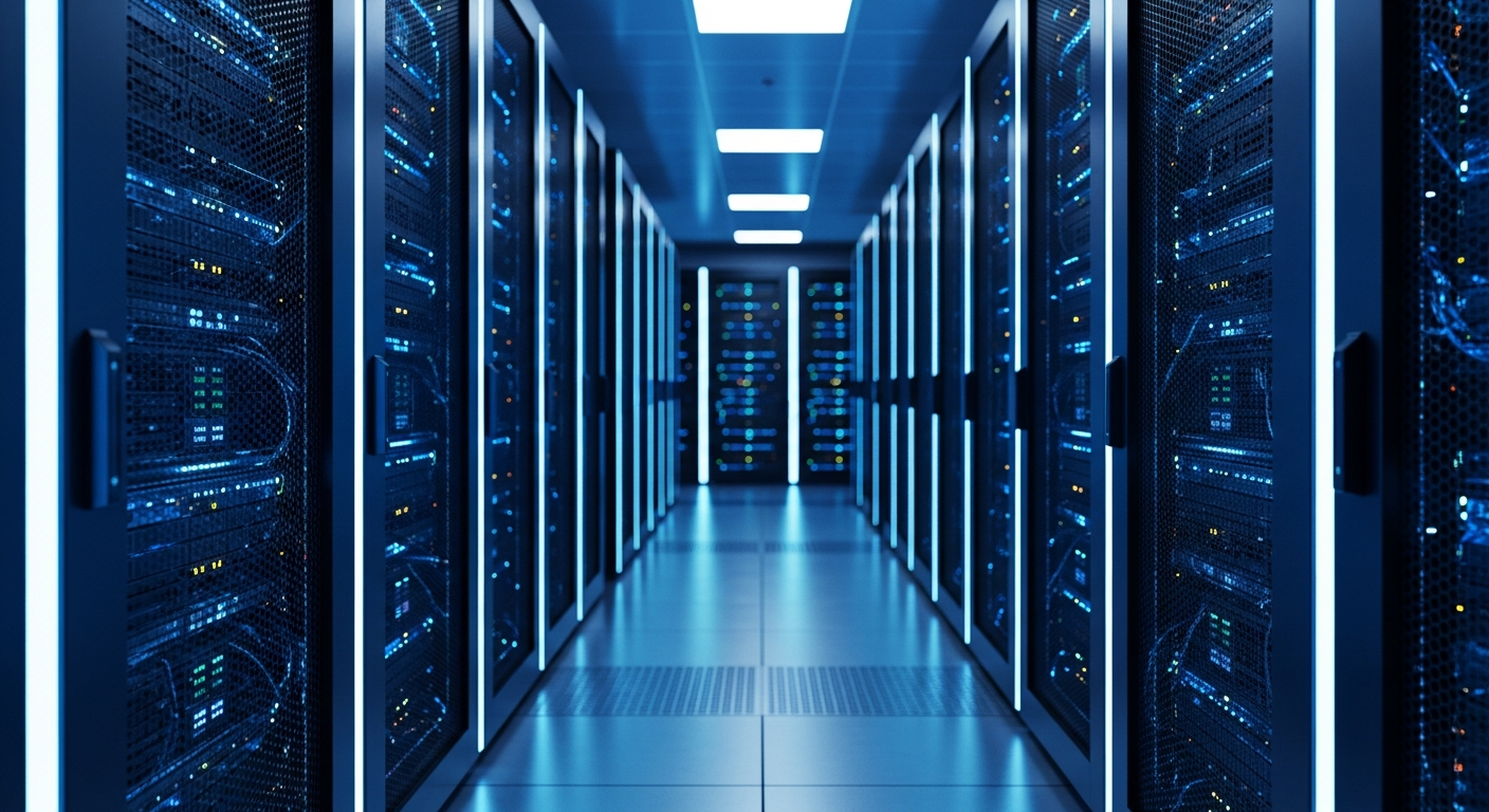 Nowoczesna serwerownia symbolizująca niezawodny hosting stron i infrastrukturę cloud
