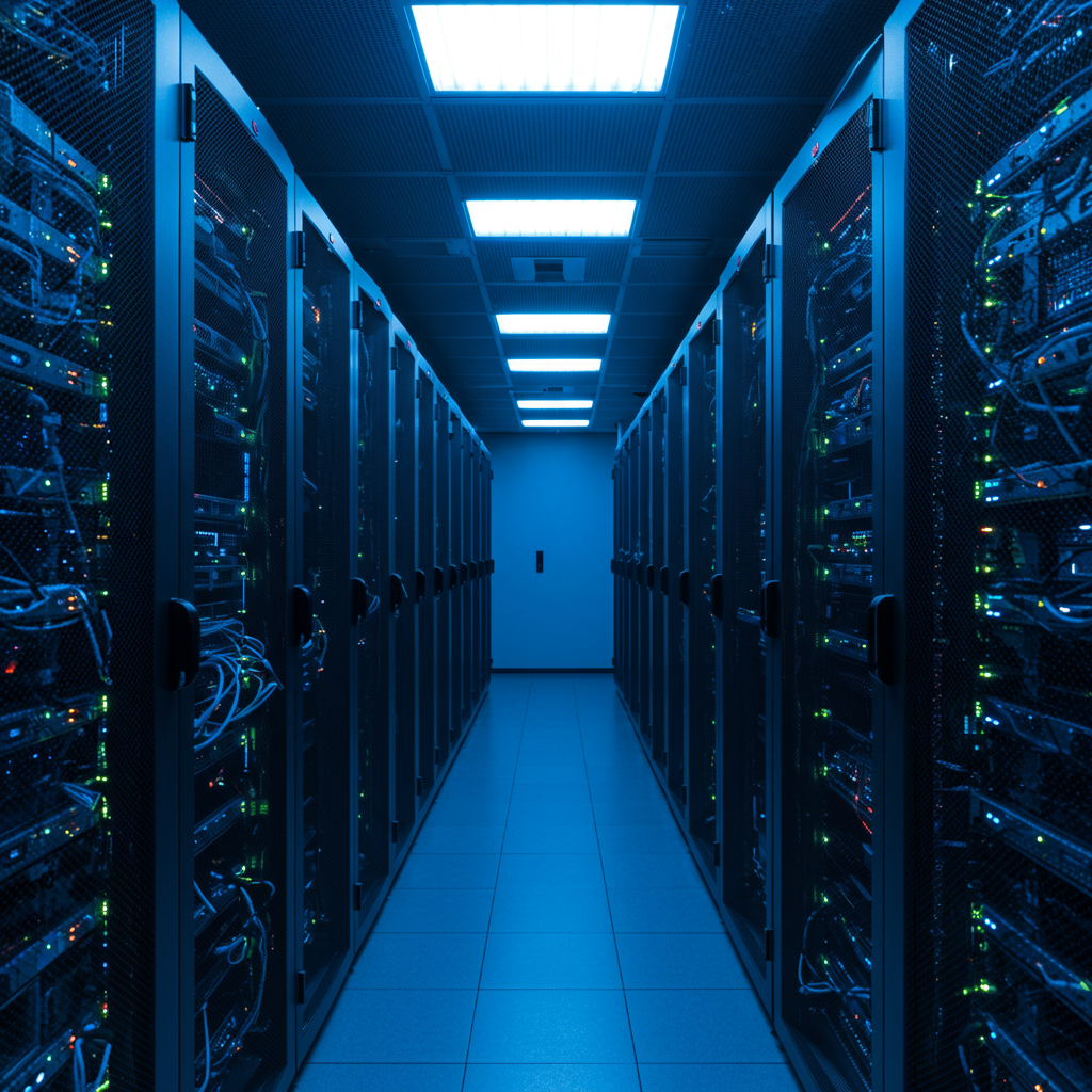 Nowoczesna serwerownia z rzędami serwerów i niebieskimi światłami, symbolizująca zaawansowany hosting stron.