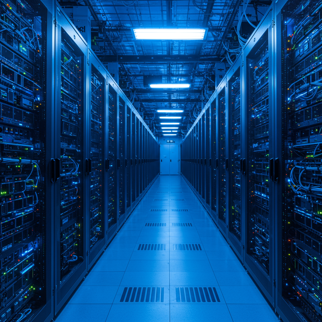 Nowoczesne centrum danych z rzędami serwerów i kablami sieciowymi
