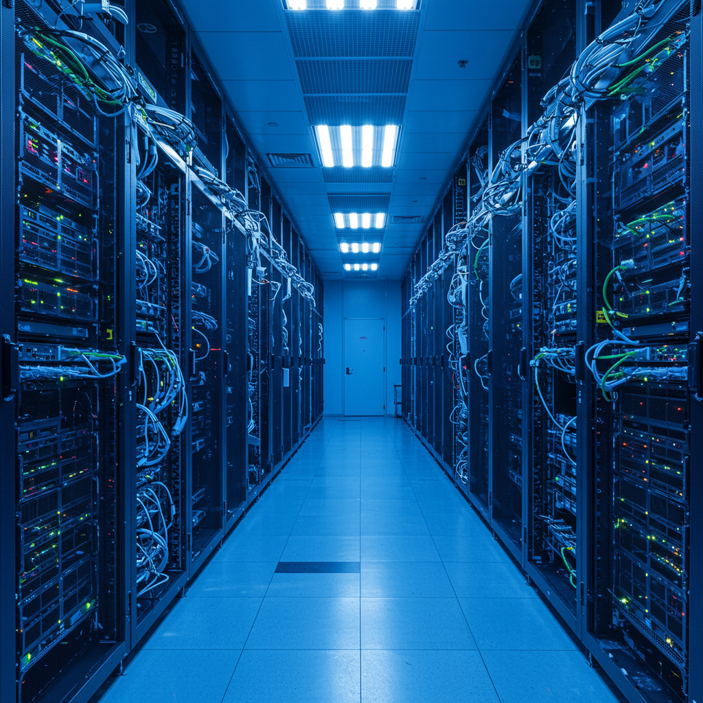 Nowoczesne centrum danych z rzędami serwerów i kabli sieciowych