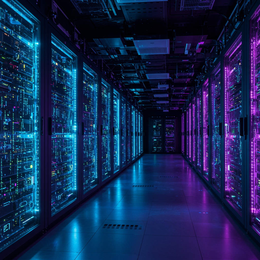 Nowoczesne centrum danych z rzędami serwerów symbolizujące wydajny hosting stron