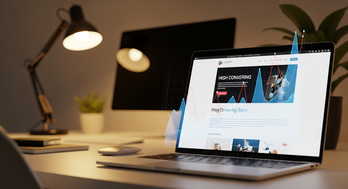 Profesjonalne strony internetowe wyświetlane na laptopie z wykresem wzrostu sprzedaży