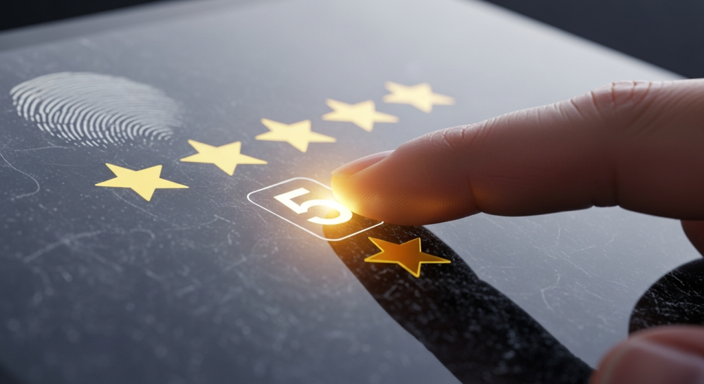 Klient wystawiający pozytywną opinię 5 gwiazdek na wizytówce Google