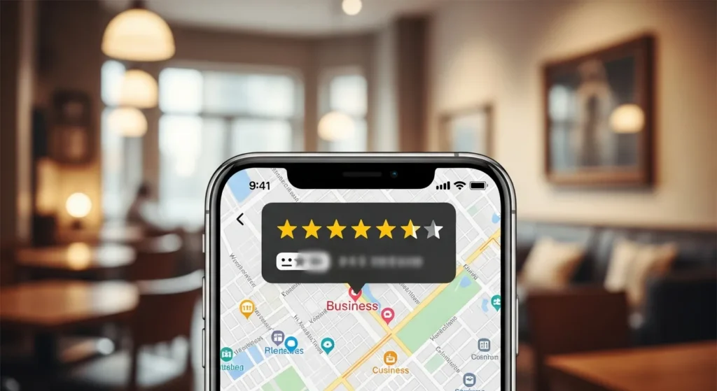 Smartfon z widocznymi opiniami i mapą lokalną
