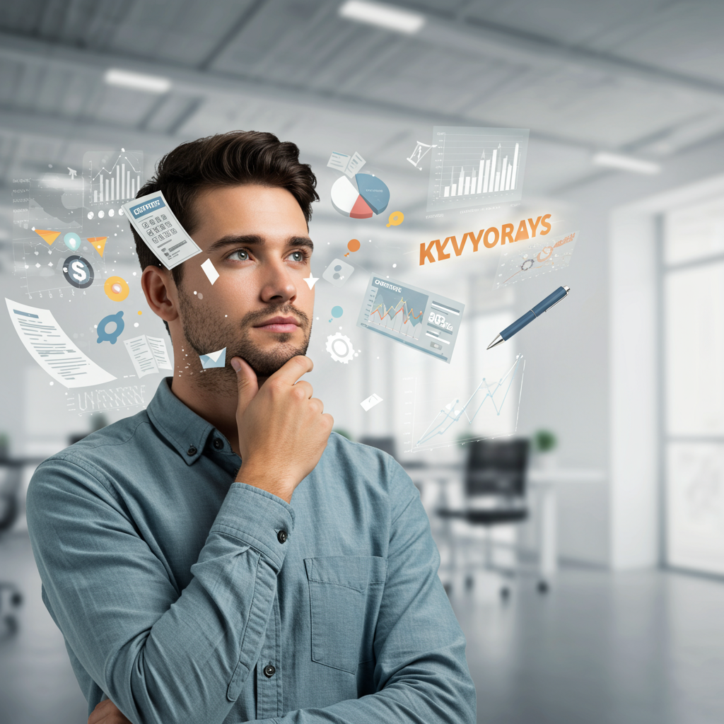 Osoba analizująca dane i pisząca, otoczona elementami cyfrowymi symbolizującymi SEO copywriting.