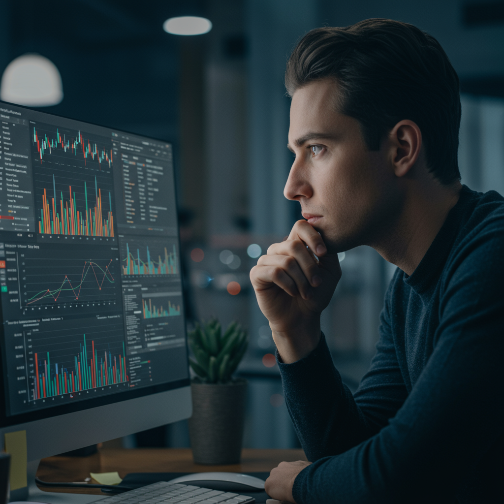 Osoba analizująca dane rynkowe i nazwy domen na ekranie komputera