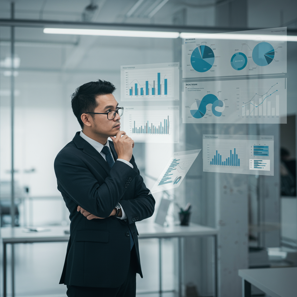 Osoba analizująca dane z kampanii Google Ads na wielu monitorach w nowoczesnym biurze.