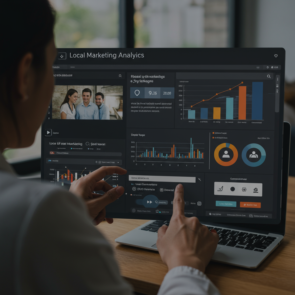 Osoba analizująca dane z lokalnych kampanii marketingowych na cyfrowym pulpicie nawigacyjnym.