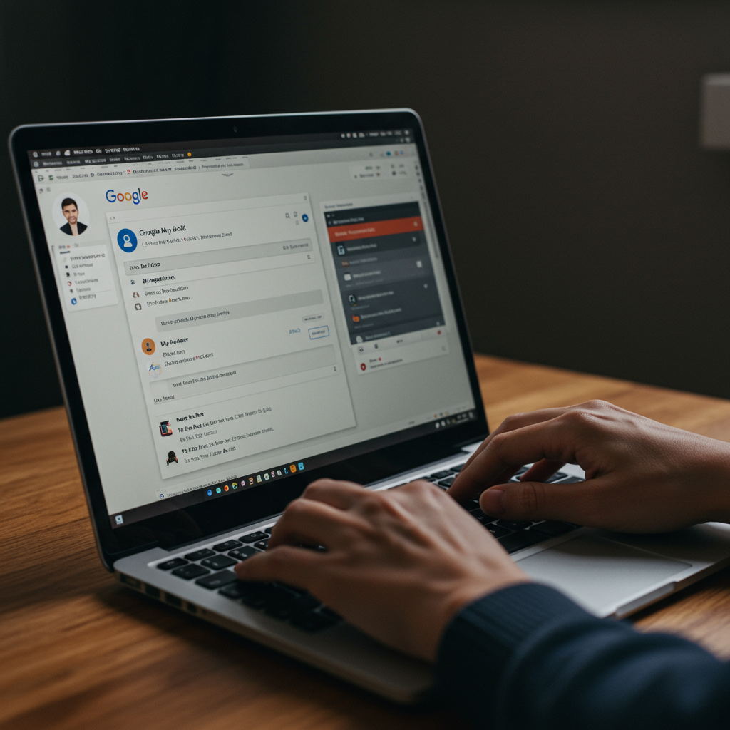 Osoba optymalizująca profil firmy w Google Moja Firma na laptopie