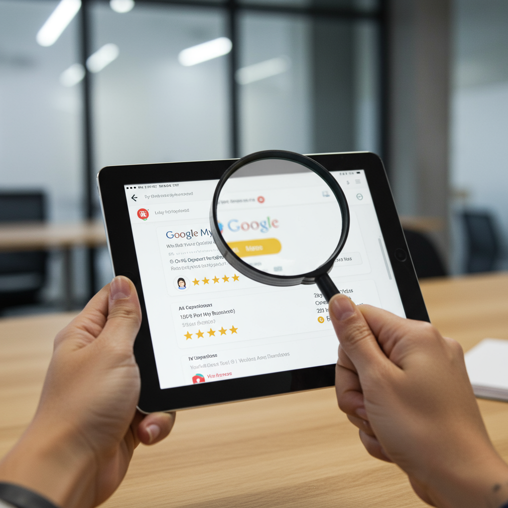 Osoba optymalizująca wizytówkę Google Moja Firma na tablecie