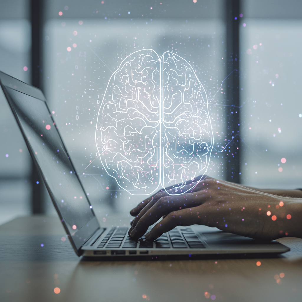 Osoba pisząca na laptopie, symbolizująca połączenie psychologii i algorytmów w SEO copywritingu