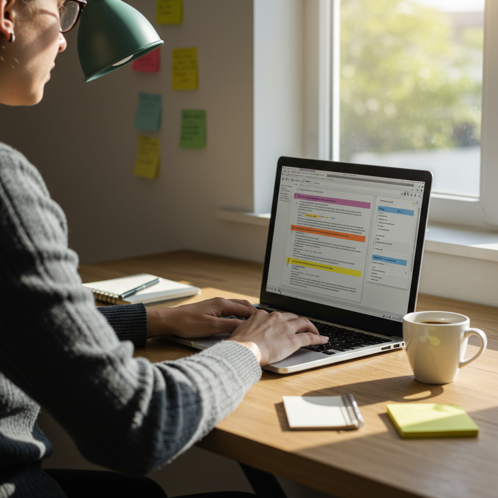 Osoba pisząca treść na laptopie, symbolizująca SEO copywriting