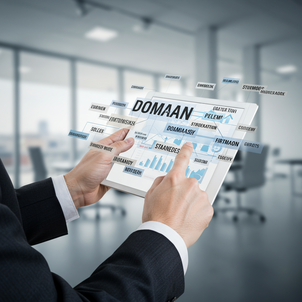 Osoba przeglądająca listę domen na tablecie, symbolizująca zarządzanie cyfrowymi aktywami.