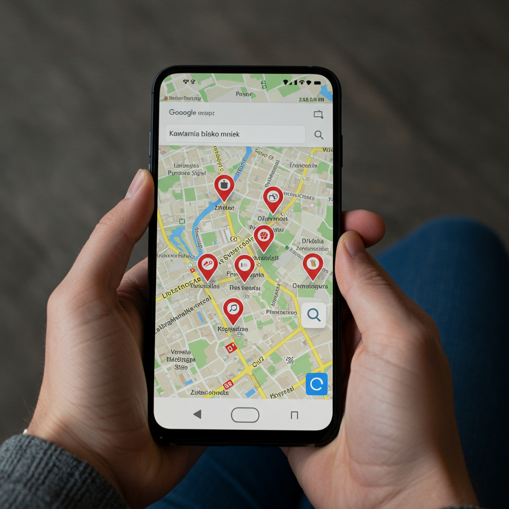 Osoba szukająca lokalnych firm na smartfonie za pomocą Google Maps