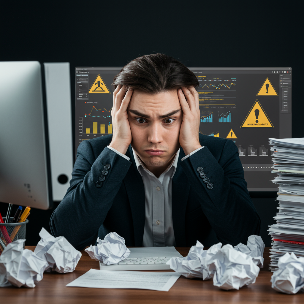 Osoba wyglądająca na zestresowaną, patrząca na ekran komputera z ostrzeżeniami