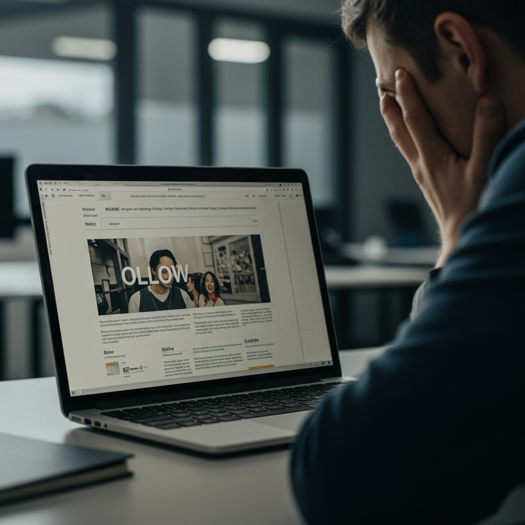 Osoba z frustracją patrząca na wolno ładującą się, przestarzałą stronę internetową