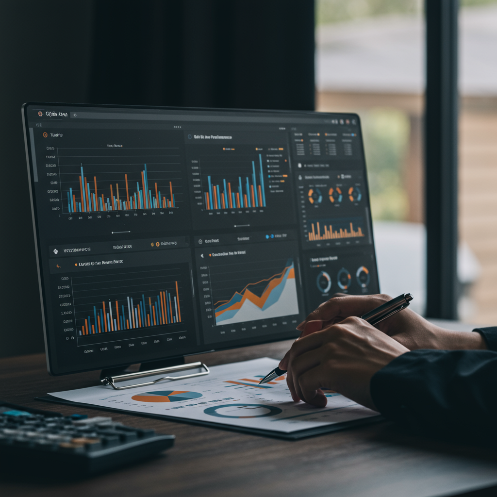 Panel analityczny strony internetowej z wykresami i danymi o ruchu oraz konwersjach