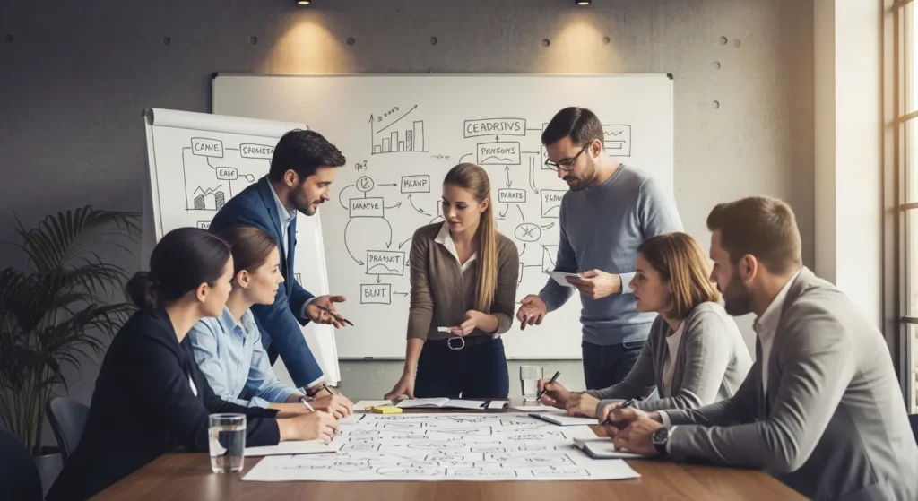 Zespół agencji interaktywnej omawiający strategię content marketingu