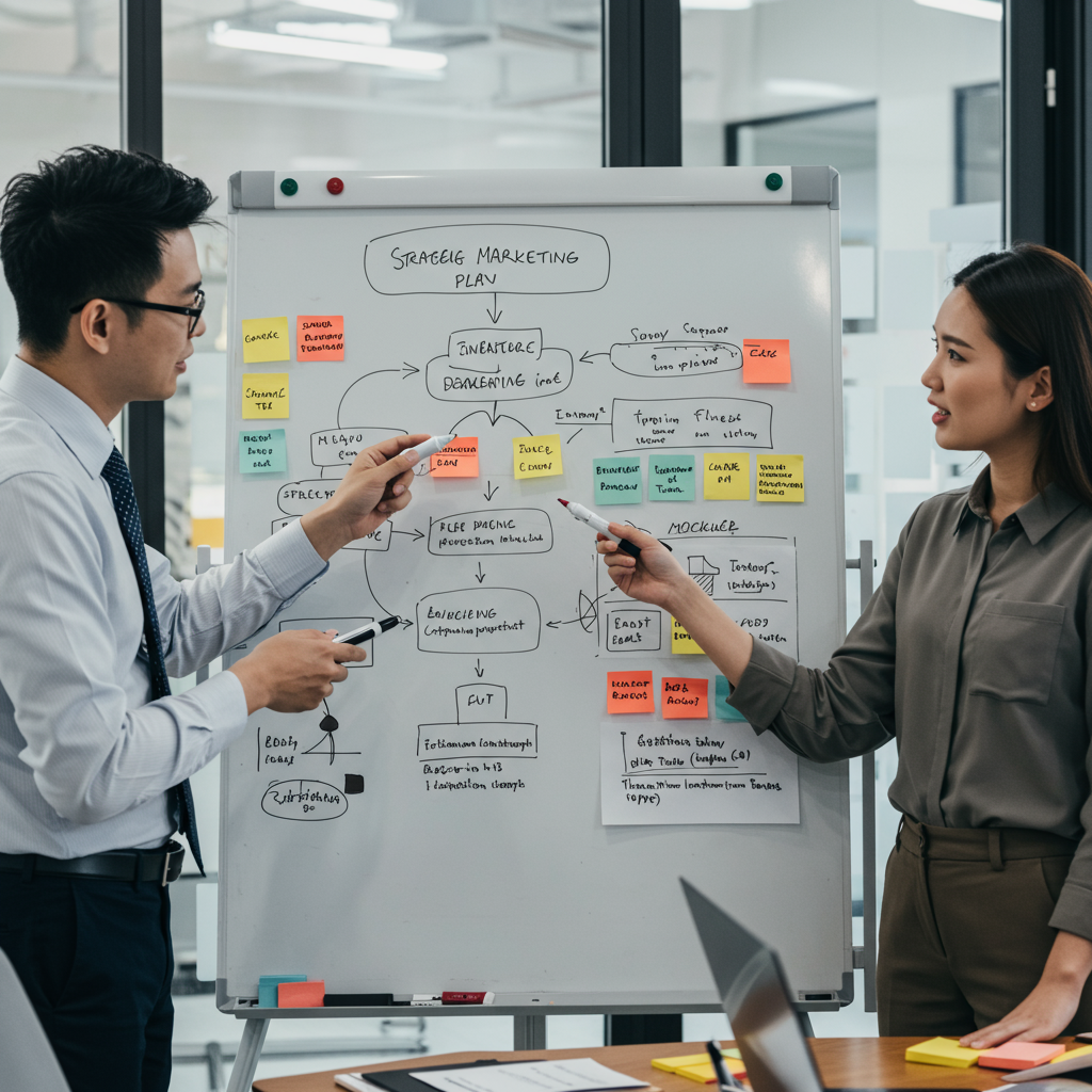 Planowanie strategii dla skutecznych kampanii Google Ads na białej tablicy.