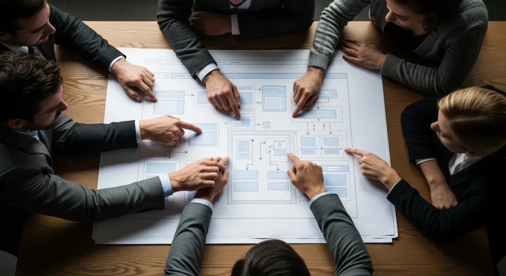 Zespół omawiający strategię SEO i strukturę strony