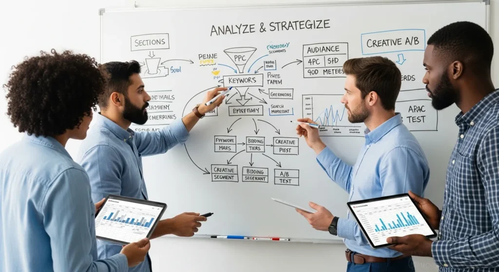 Zespół agencji interaktywnej planujący strategię Google Ads