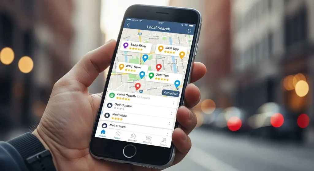 Smartfon wyświetlający wyniki lokalne i wizytówki Google Maps