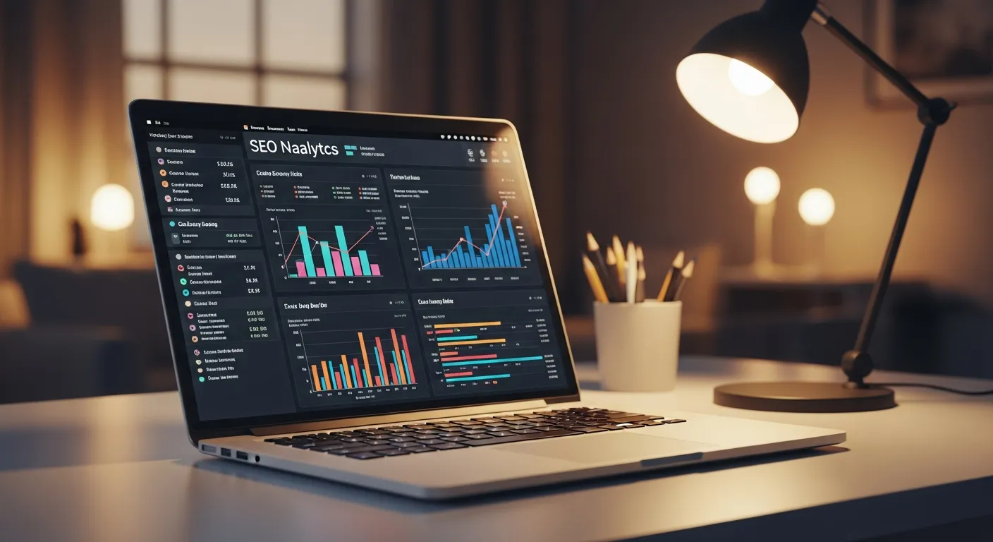 Laptop z wykresem wzrostu widoczności w Google na biurku