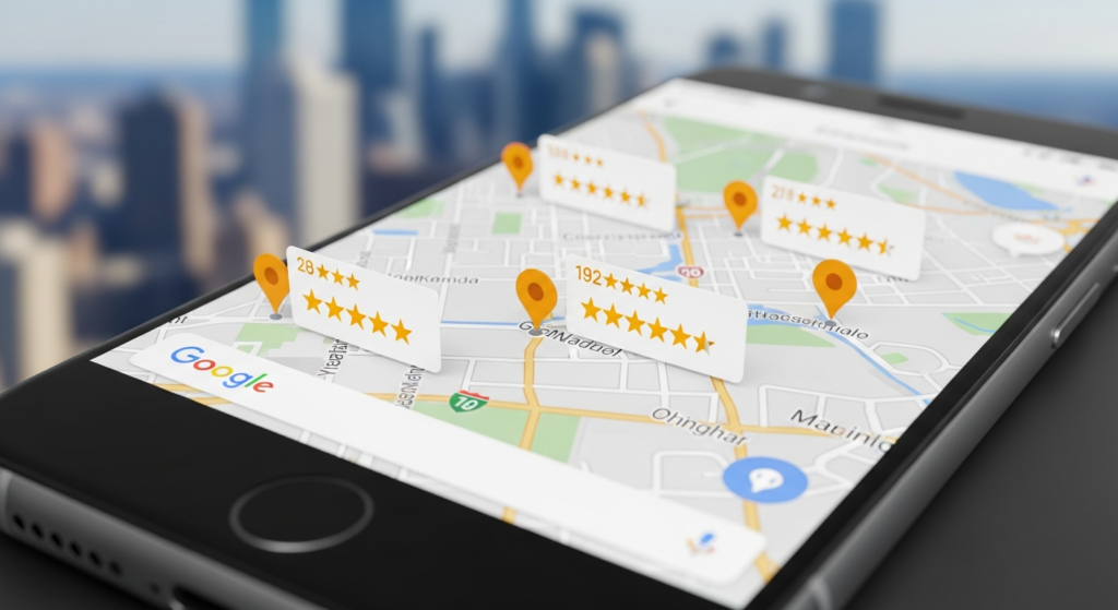 Wyszukiwanie lokalne w Google Maps na smartfonie pokazujące wyniki dla hasła lokalny marketing