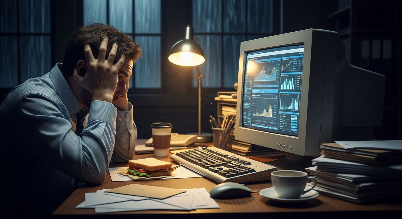 Zestresowany właściciel firmy przed starym komputerem, obrazujący problemy z wizerunkiem online przed interwencją agencji