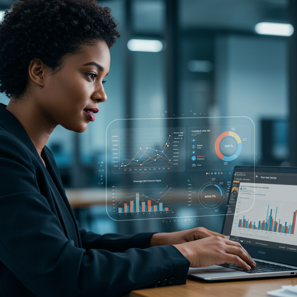 Profesjonalista analizujący dane z kampanii Google Ads na laptopie w nowoczesnym biurze