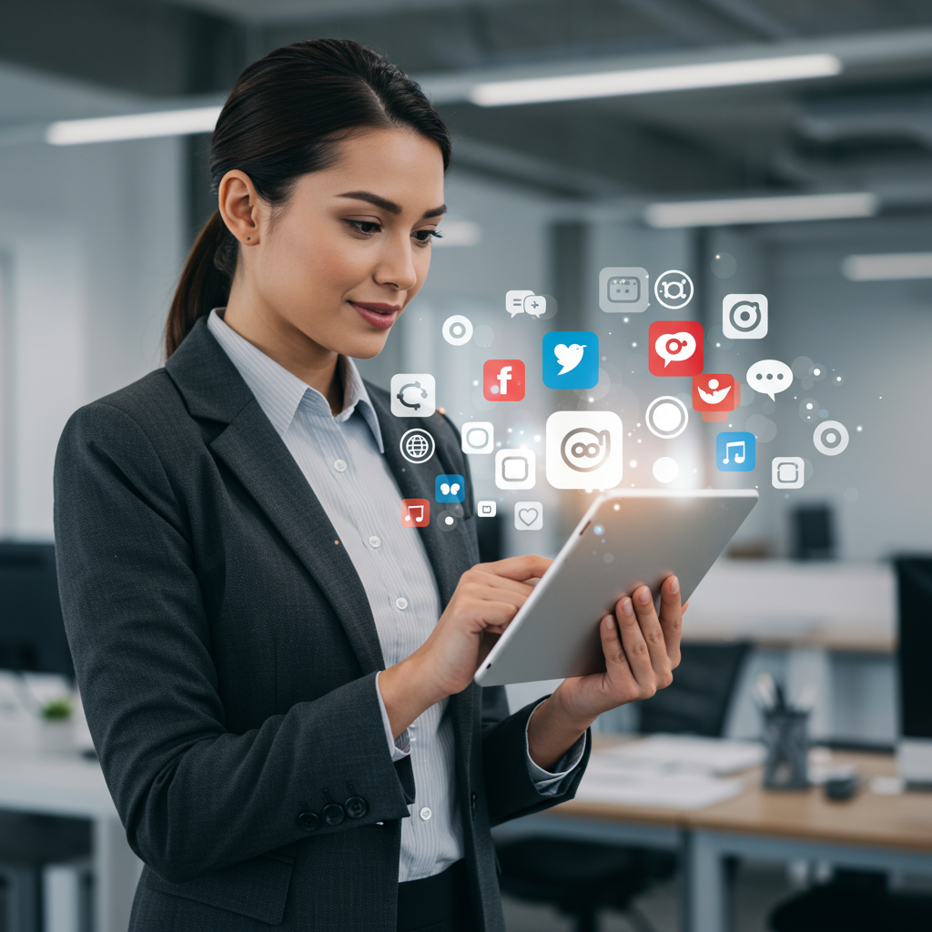Profesjonalna kobieta zarządzająca wizerunkiem marki online na tablecie w biurze