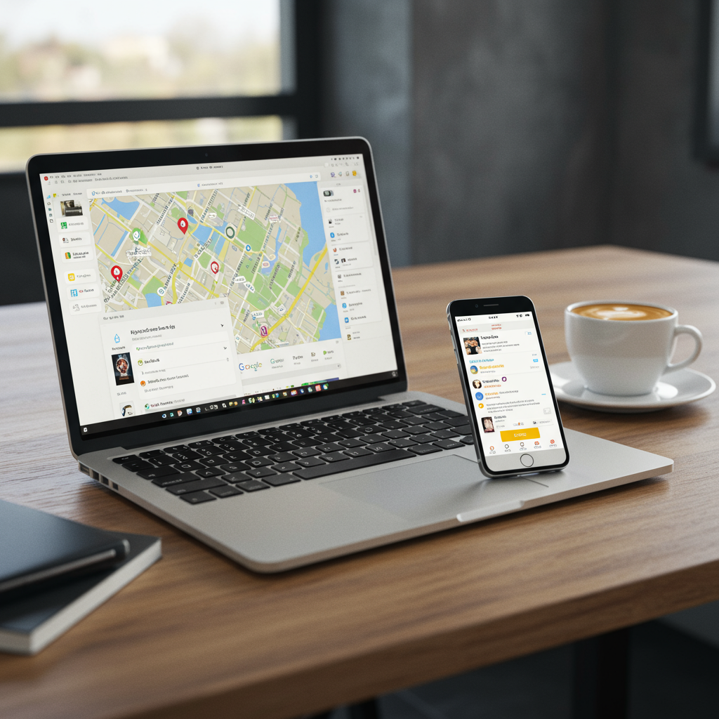 Profesjonalne biurko z laptopem pokazującym Google Maps i smartfonem z recenzjami, symbolizujące zarządzanie wizytówkami firmowymi.