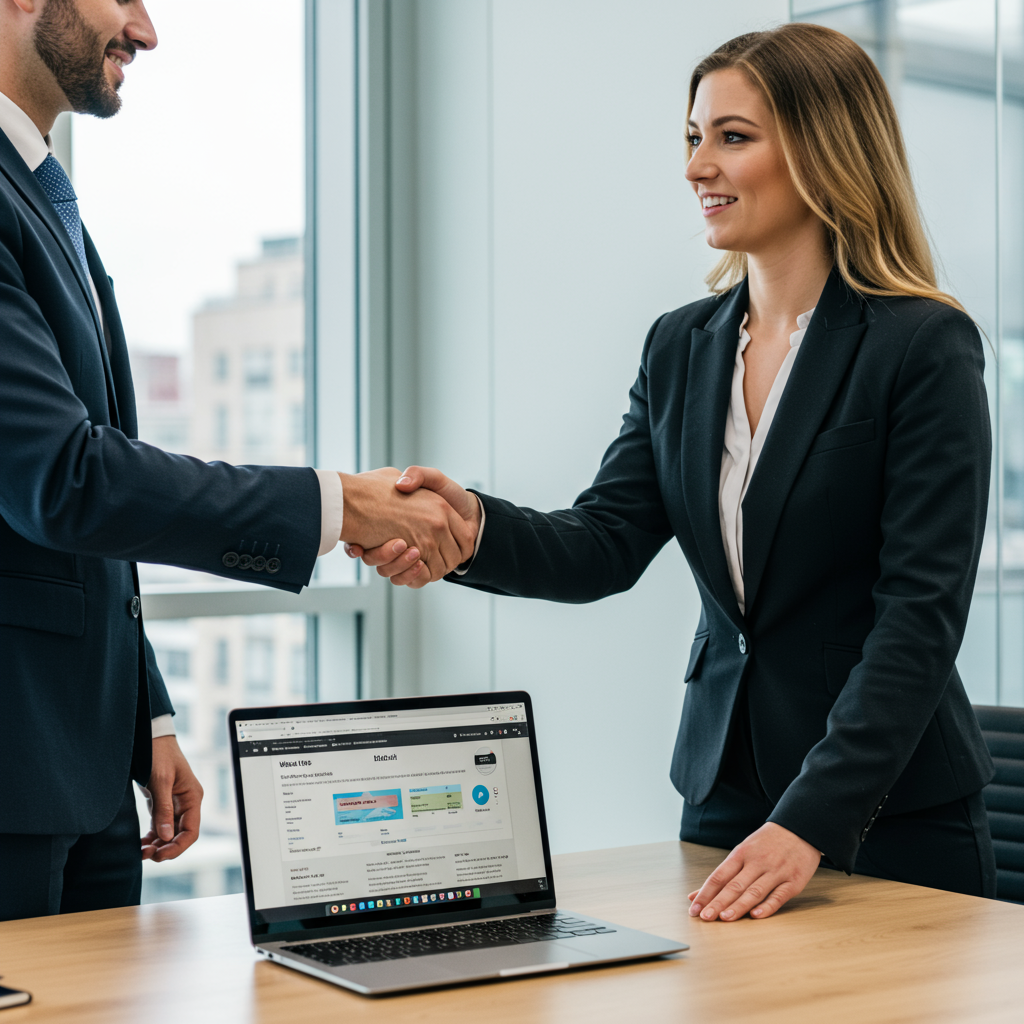 Profesjonalne negocjacje dotyczące sprzedaży domeny internetowej, z dwojgiem ludzi ściskających sobie dłonie.