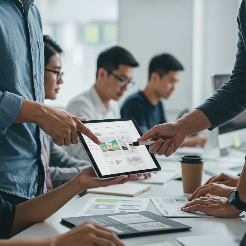 Projektant prezentujący nowoczesny projekt strony internetowej klientowi na tablecie