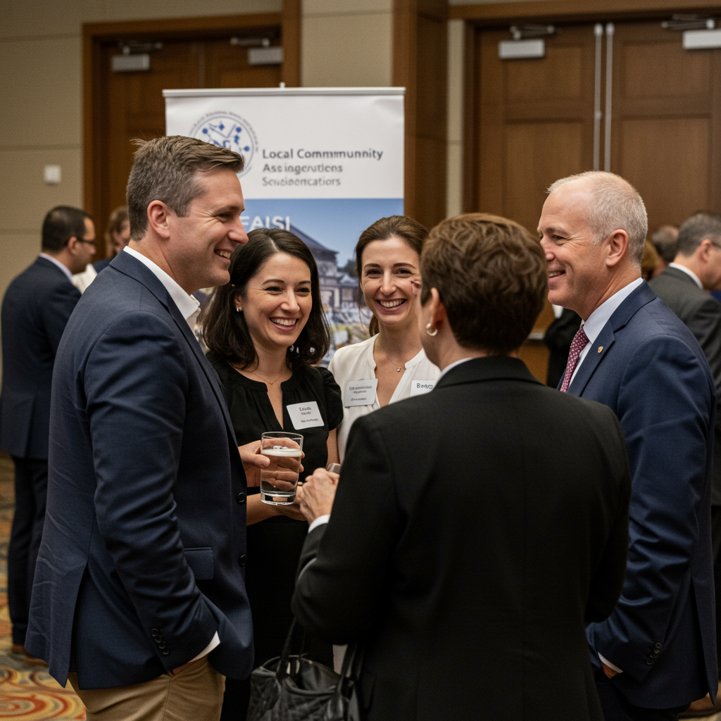 Przedsiębiorcy nawiązujący kontakty na lokalnym wydarzeniu biznesowym.