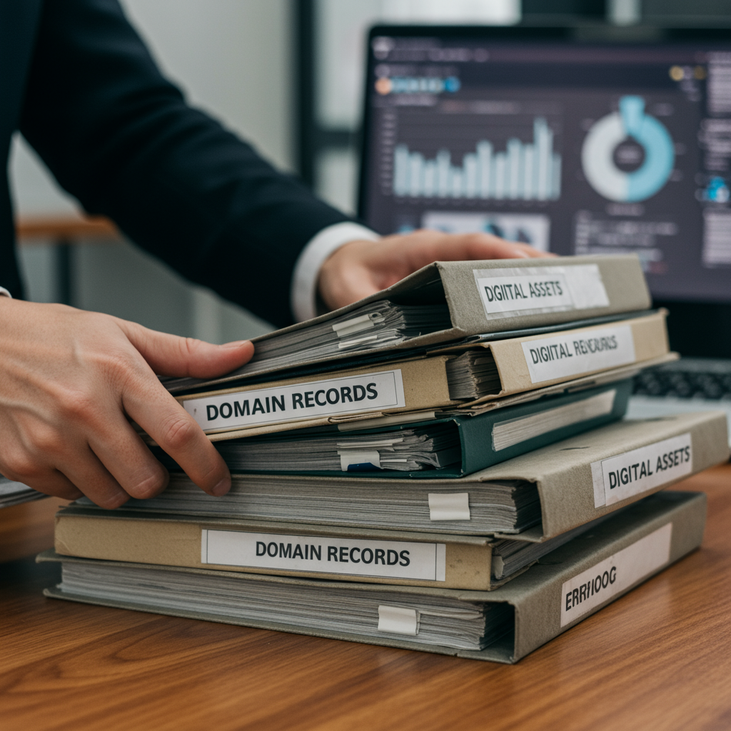 Ręce osoby porządkującej stare teczki z dokumentami domen, z laptopem w tle wyświetlającym cyfrowe dane.