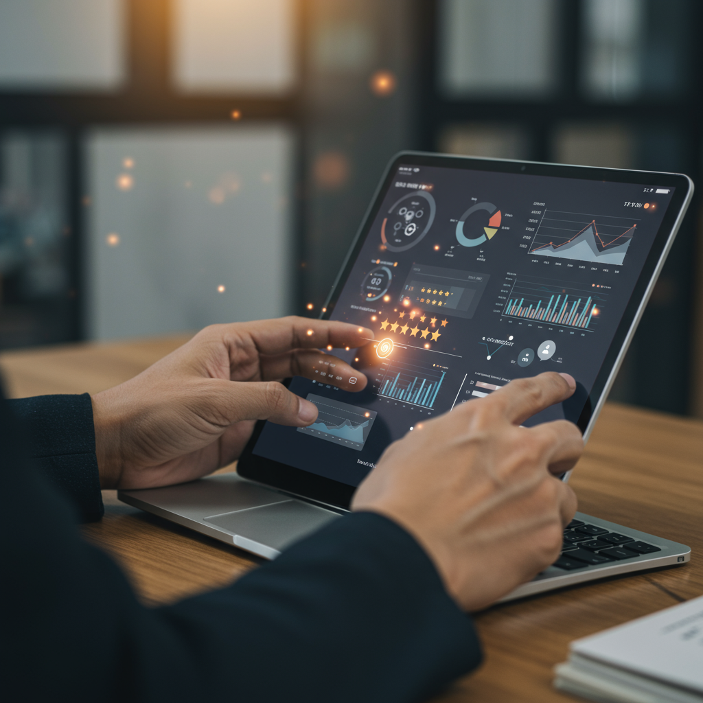 Ręce osoby zarządzającej profilem firmy online na tablecie, wyświetlającym statystyki i recenzje